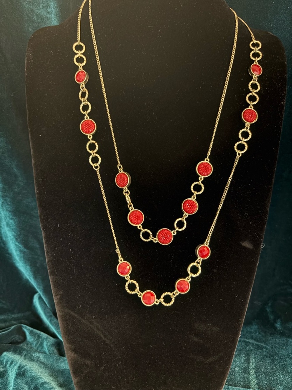 Charming Charlie Gold Tone 2 Strand Necklace Red Faceted Framed Beads